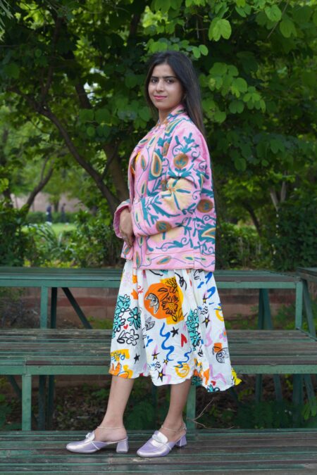 Womens Pink Velvet Embroidered Jacket with Floral Design